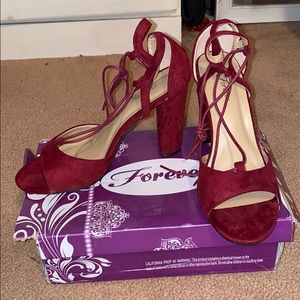 maroon velvet high heels